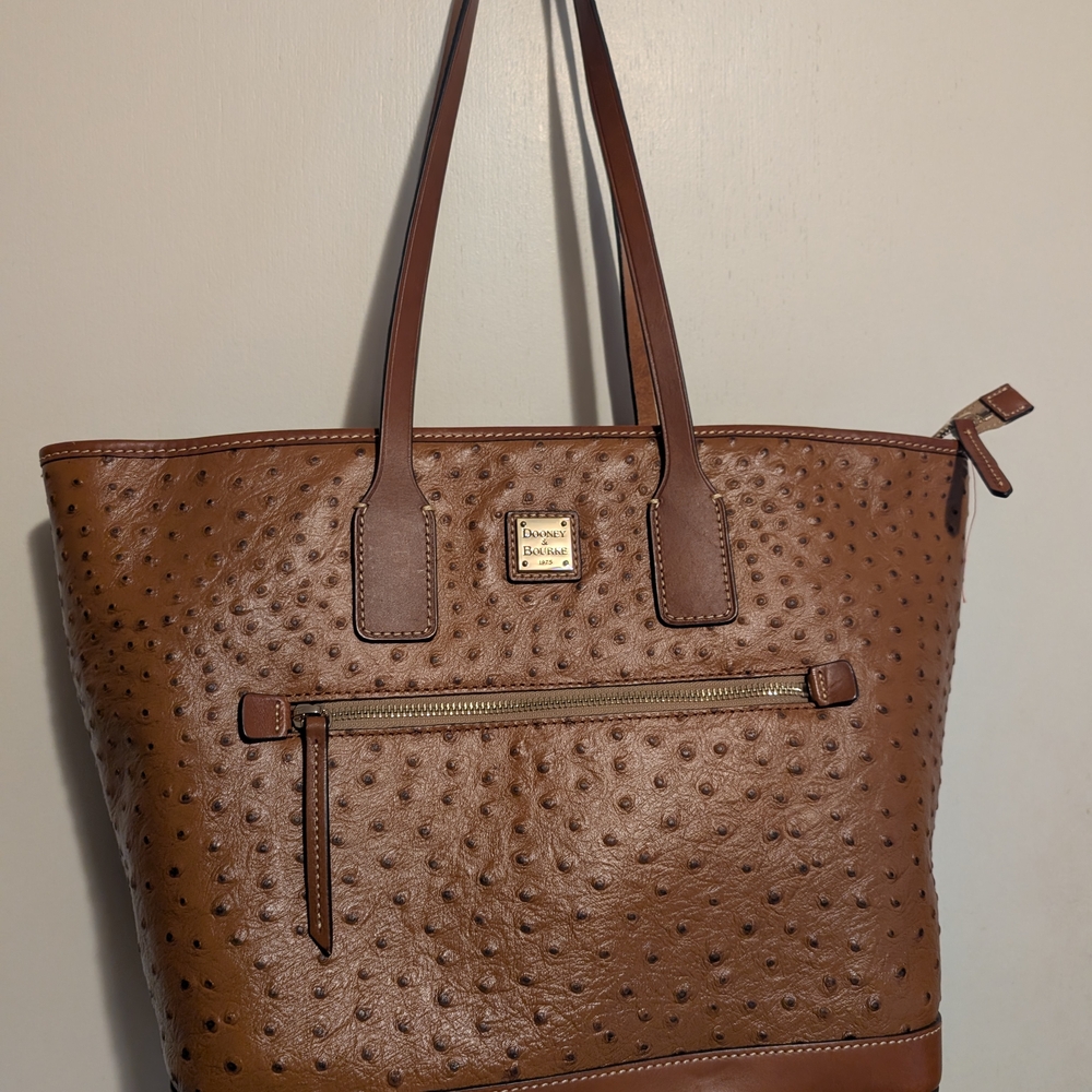 Dooney & Bourke Charleston Brown Leather Ostrich Print Tote Bag